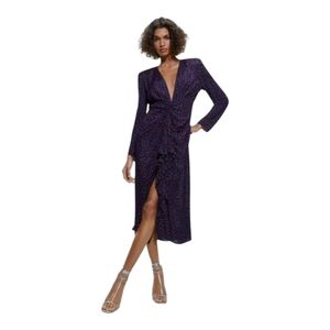 Zara Purple Polka Dot Deep V-Neck Long Sleeve Midi Dress Medium NWT